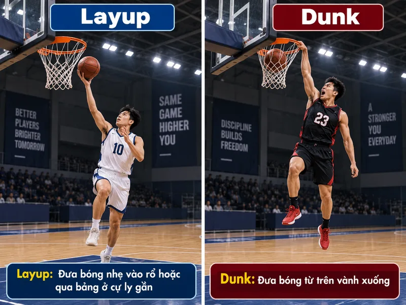Dunk đưa bóng từ trên vành xuống, trong khi layup thường dùng một tay đưa bóng nhẹ vào rổ hoặc qua bảng ở cự ly gần.