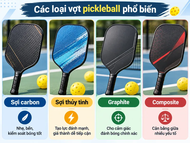 Chất liệu mặt vợt quyết định độ bền, lực đánh và khả năng kiểm soát bóng.